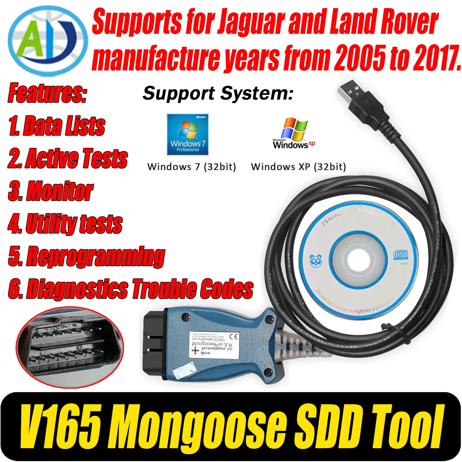 OBD2-Diagnose-Scanner für Land Rover/Jaguar Fahrzeuge, Codeleser, OBD2-Programmierwerkzeug V165 Mongoose SDD OBD2-Schnittstellenscanner