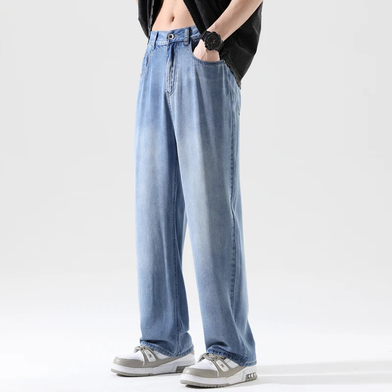 High Quality 100%Lyocell Jeans Men Spring Summer Casual Elastic Waist Denim Trousers Male Korea Loose Straight Blue Pants S-3XL 썸네일 2