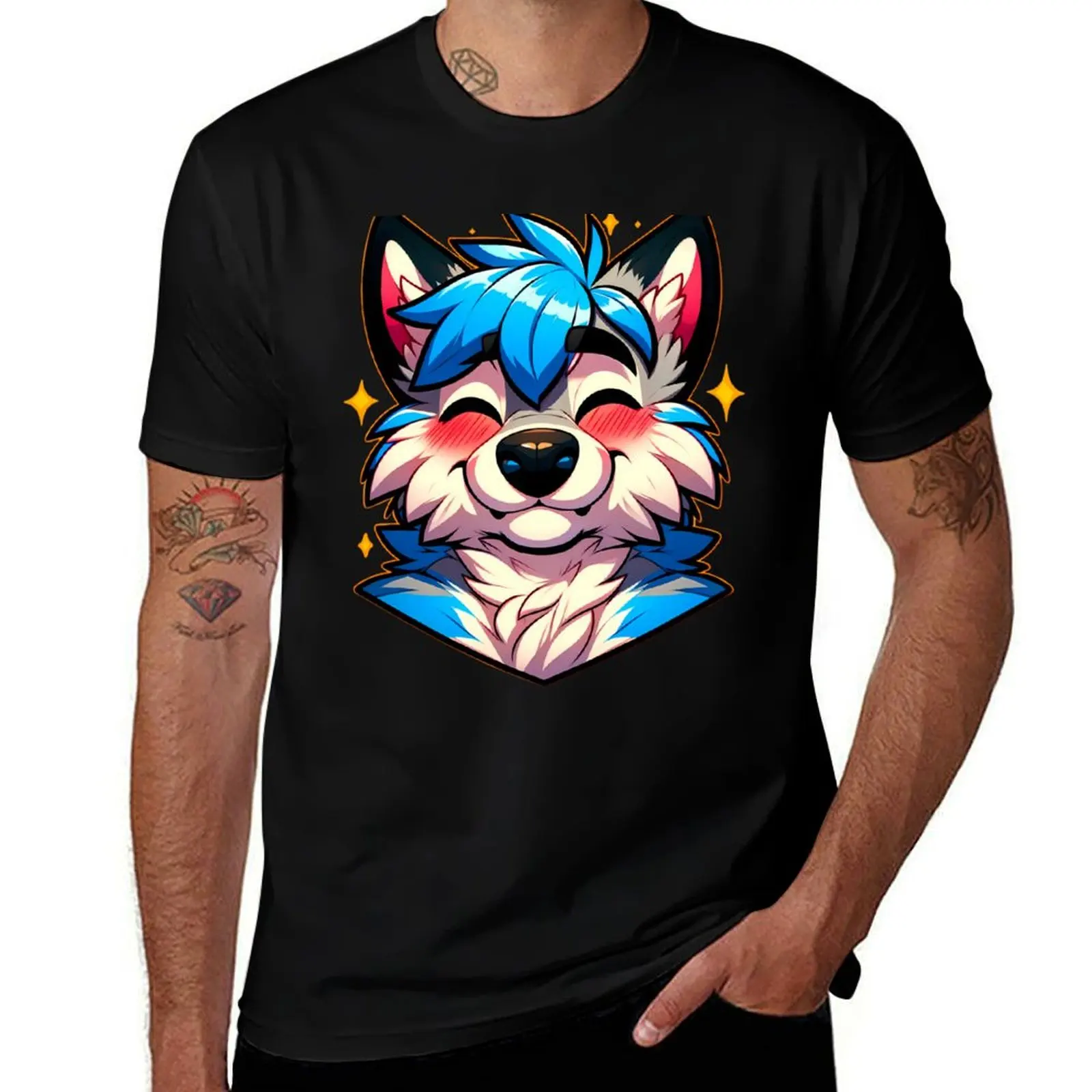 Blushing Happy Furry Anthro Wolf ^_^ T-Shirt Casual Daily Graphic Tee T-Shirt