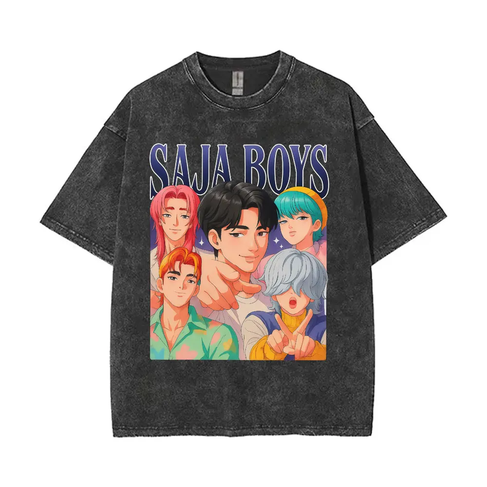 Washed Vintage Movie Kpop Demon Hunters Saja Boys Graphic Print T-shirts Men Women Funny Cartoon Oversized Crewneck T Shirt Tops