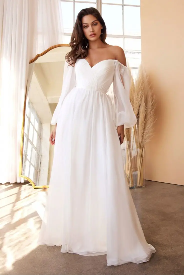 Robe de Mariée Longue en Mousseline de Soie à Manches sulf, Plis en Forme de Cœur, Ligne A, Longueur au Sol, Quelle que soit la Femme Formelle