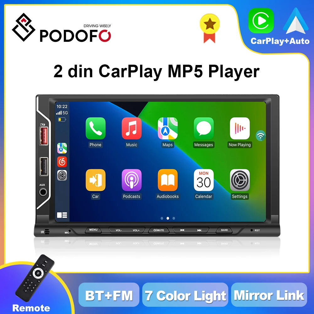 

Podofo 2din CarPlay MP5 Player 7in Universally Car Stereo Receiver Android Auto Multimedia Player BT FM EQ Head Unit Autoradio