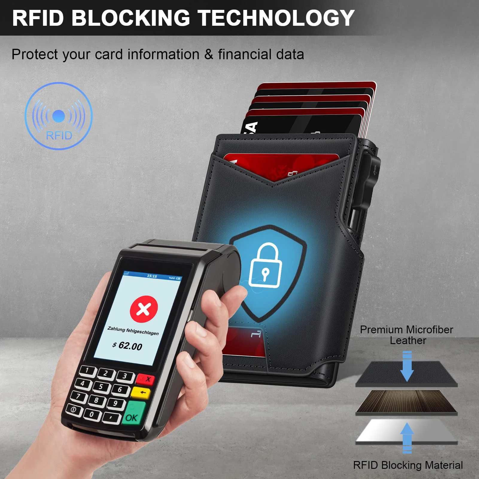 محفظة جلدية سوداء جديدة للرجال محفظة رفيعة ثنائية الطي RFID مع حامل بطاقة معدنية منبثقة وأكمام بطاقات محفظة منبثقة