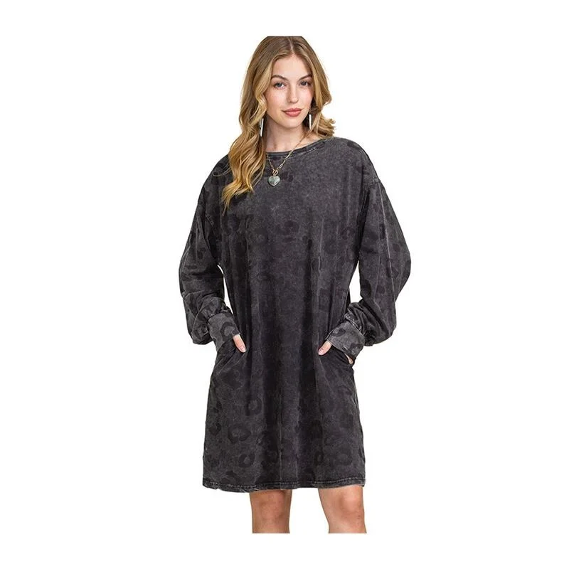 เสื้อผ้าลายเสือดาวเรียบง่าย แขนยาว สไตล์ลำลอง ทรงหลวม เสื้อผ้าผู้หญิง ความยาวปานกลาง เสื้อผ้าฤดูใบไม้ผลิ เอวสูง ผ้าฝ้าย ทรงกระบอก แขนทรงกระบอก เสื้อทรงเอ