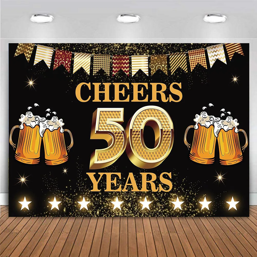 Cheers and Beers to 50 Years Backdrop Banner Happy 50th Birthday Party Decor for Men Women 50th Anniversary Black Gold Vinyl 7x5