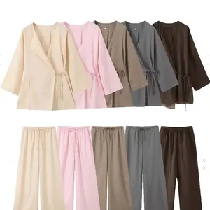 TRAFZA-Kimono بلوزة حزام كارديجان وبنطال مرتفع الخصر مطوي للنساء، طقم قميص بلون ساد، أزياء صيفية، كتان، 2 قطعة أفضل 12 بدلة رياضية للنساء من العشاري للمبيعات - رقم 11