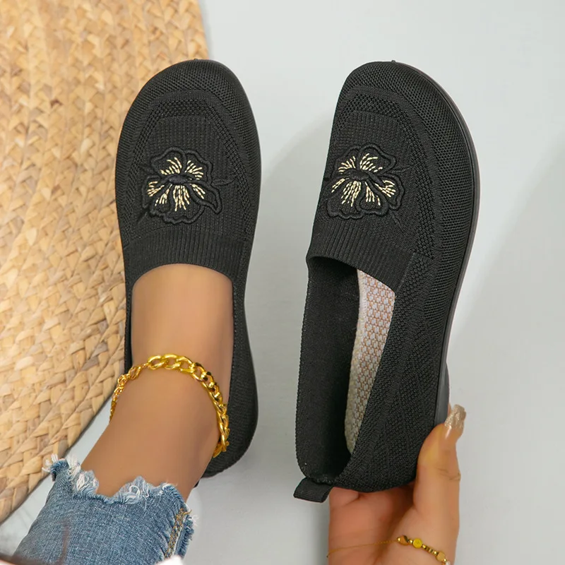 Damen-Strick-Slipper mit Blumenstickerei, flache Schuhe, atmungsaktives Mesh-Material, weiche Sohle, ideal für ältere Damen, Mütter, zum täglichen Gehen. – Detail 16