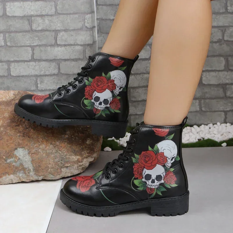 Women\'s Printed Short Boots Autumn/Winter New Fashion Skull Head Printed Comfortable Casual Shoes Luxury Travel Durable