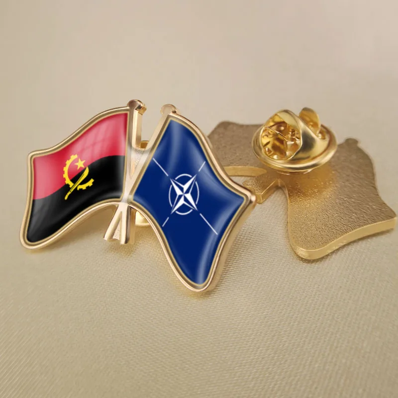 

Angola and NATO North Atlantic Treaty Organization Crossed Double Friendship Flags Lapel Pins Brooch Badges