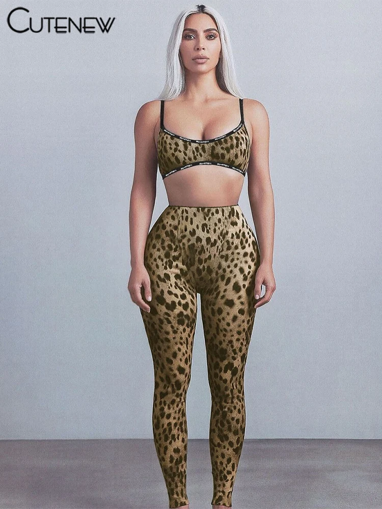 

Cutenew Matching Party 2 Piece Set Women Fashion Sexy Leopard Print Crop Camis+High Waist Slim Pants Female Attractive Outfits