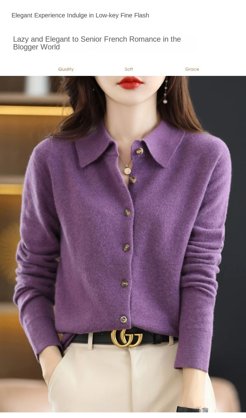2024 Damen-Strickjacke mit POLO-Kragen, Basic, vielseitig, oben aus gesponnener Wolle, eleganter einreihiger Pullover DMR 430 – Detail 5