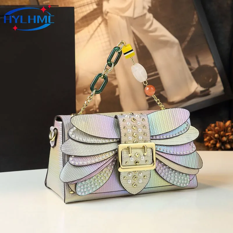 

2024 New Pearl Riveted Wings Women Bag Leather Chain Small Square Bag Temperament Handbags