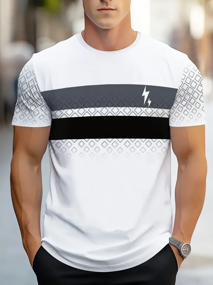Neues Herren-T-Shirt mit 3D-geometrischem Streifenmuster, schlichter Stil, Herrenbekleidung, Sommer, lässig, kurzärmelig, Trend, Srteet-Tops