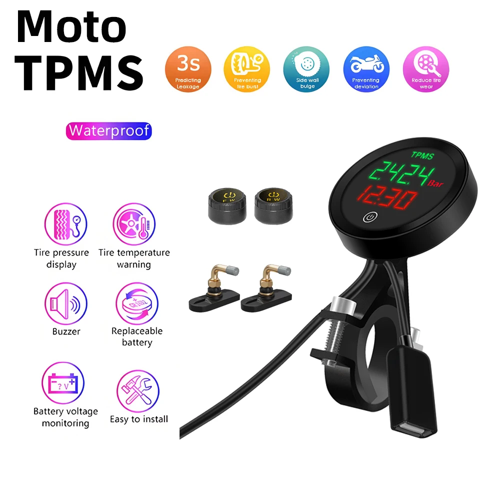 

E-ACE Motorcycle Tire Pressure Sensors Moto TMPS Tire Pressure Monitor System 2 Wheel Tyre Waterproof LCD Colorful Digital Moto