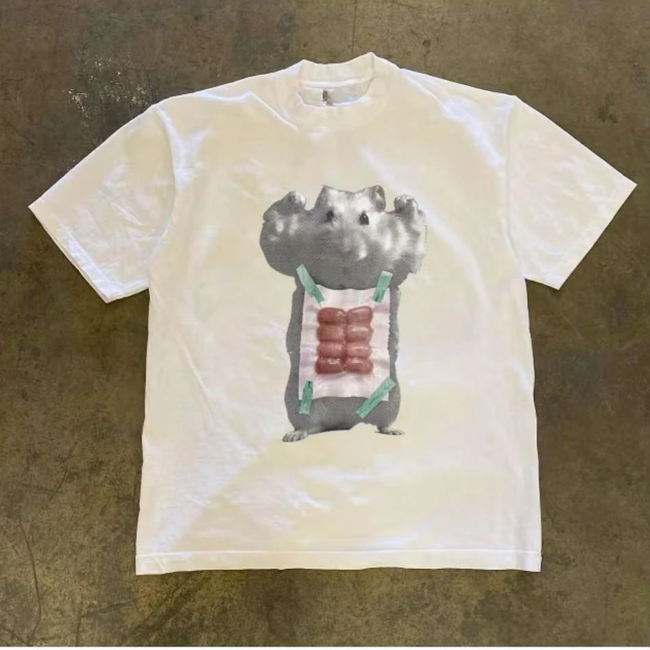 Camiseta Oversized Engraçada com Estampa de Hamster Y2K Verão 2026, Camiseta Casual Streetwear Retrô Weirdcore 'Muscle Hamster' para Homens e Mulheres