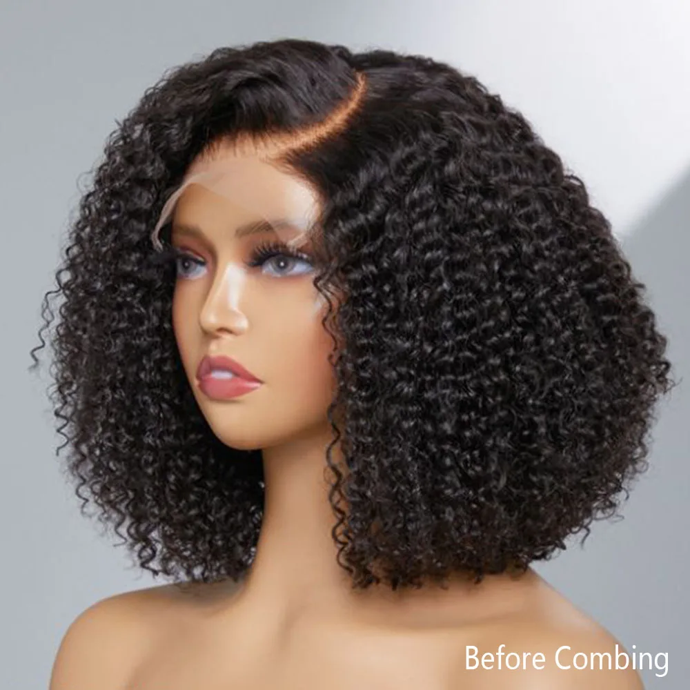 Perruque Bob Lace Front Wig crépue bouclée sans colle 14 pouces, perruque courte noire naturelle, densité 180%, cheveux de bébé, pre-plucked, pour femmes