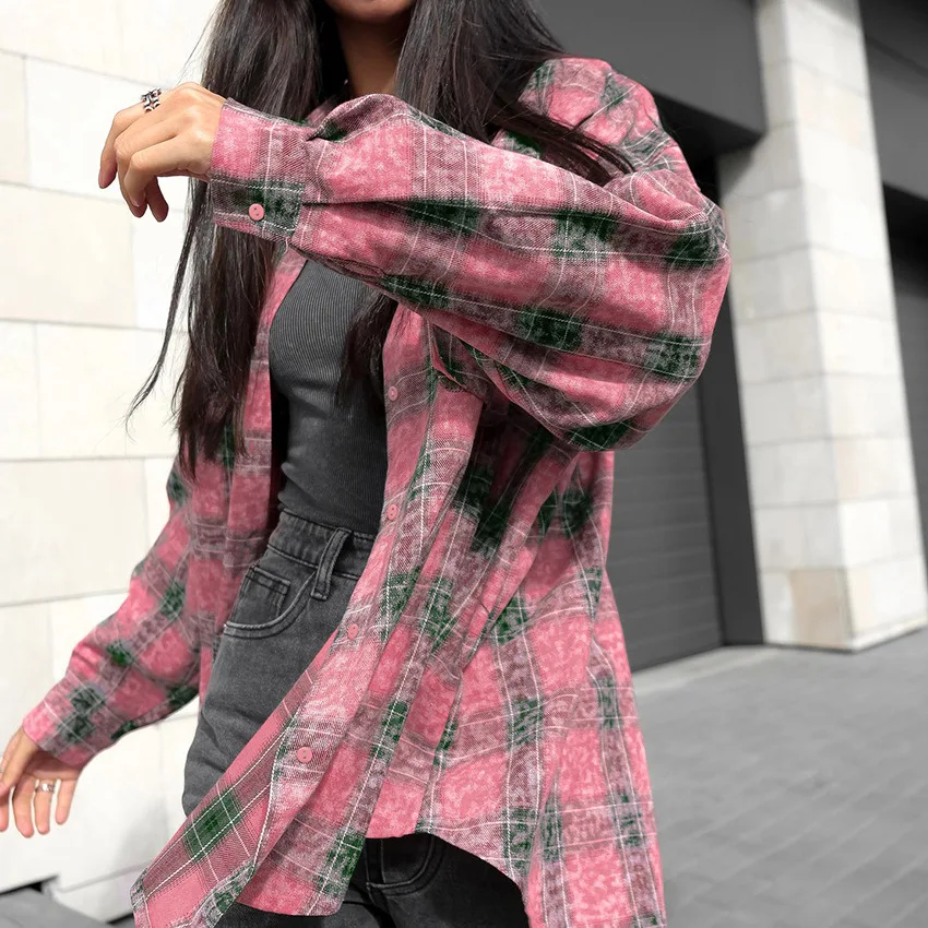 

Spring and Autumn American Street Trend Berry Pink Plaid Shirt Retro Niche Loose Medium and Long Stacked Shirt