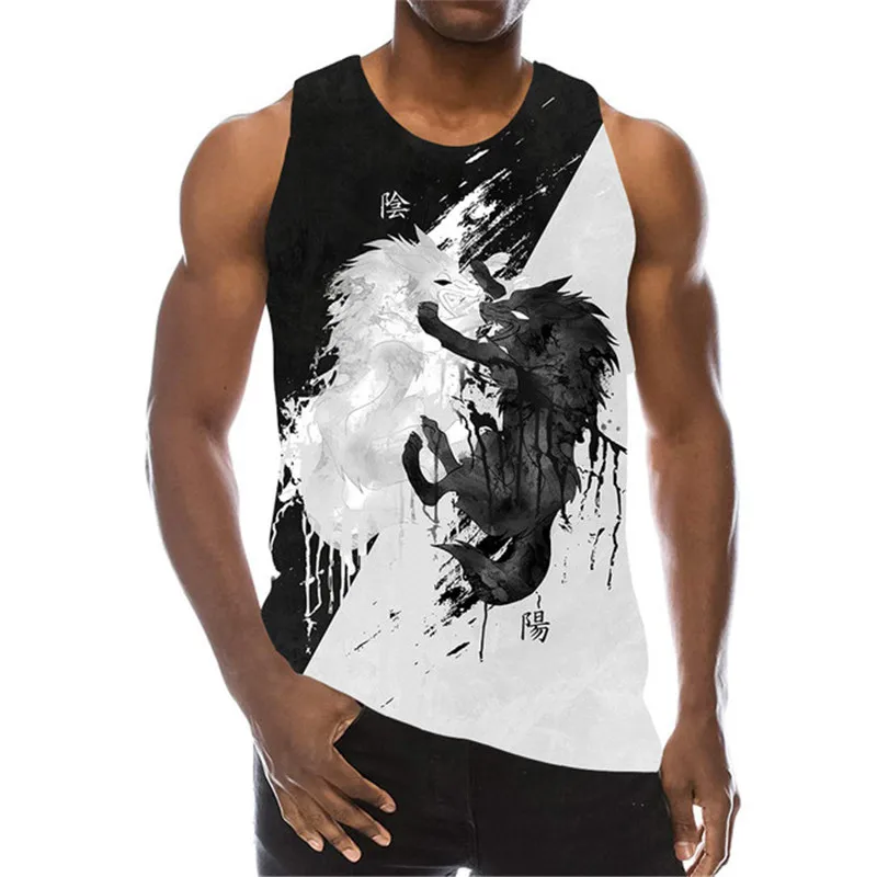 Animal Wolf Pattern Tanks Tops Sleeveless Round-Neck Street Style 3D Print Vest 6XL Plus Size Man Clothing Loose Casual Top