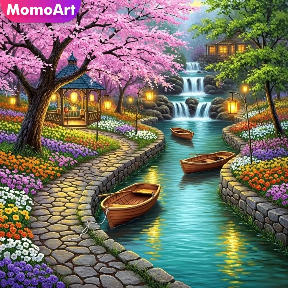 Momoart Diamond Embroidery Pavilion Landscape Full Square Painting Tree Rhinestones Boat DIY Mosaic River Handicraft Unique Gift