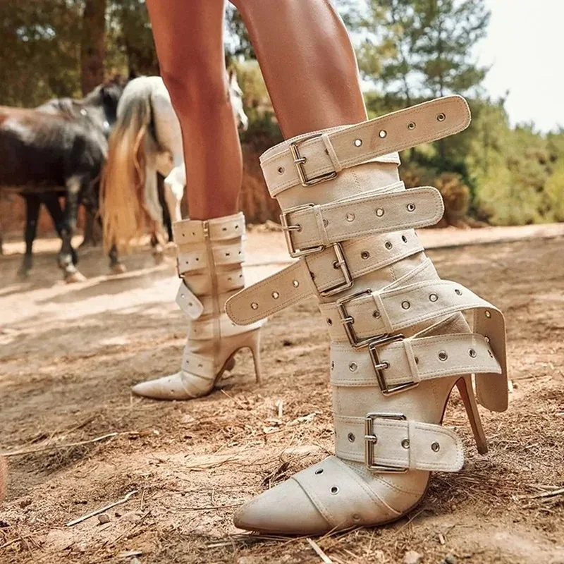 

Ins Fashion Apricot Black Suede Eyelet Belt with Buckle High Heels Mid Boots Pointed Toe Zipper Side Stiletto Heels Knight Boots