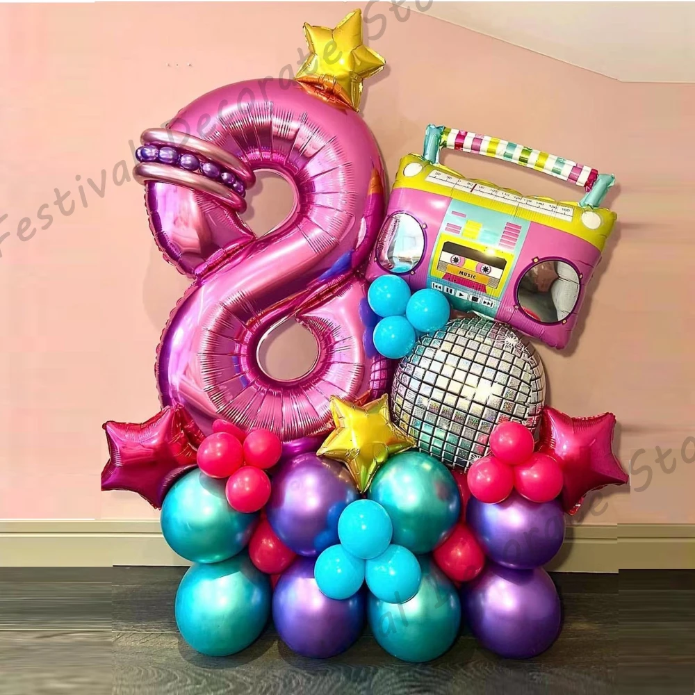 38pcs 80s 90s Retro Theme Radio Foil Balloons Set with 32inch Rose Red 0-9 Number 4D Disco Ball For Hip Hop Birthday Party Decor