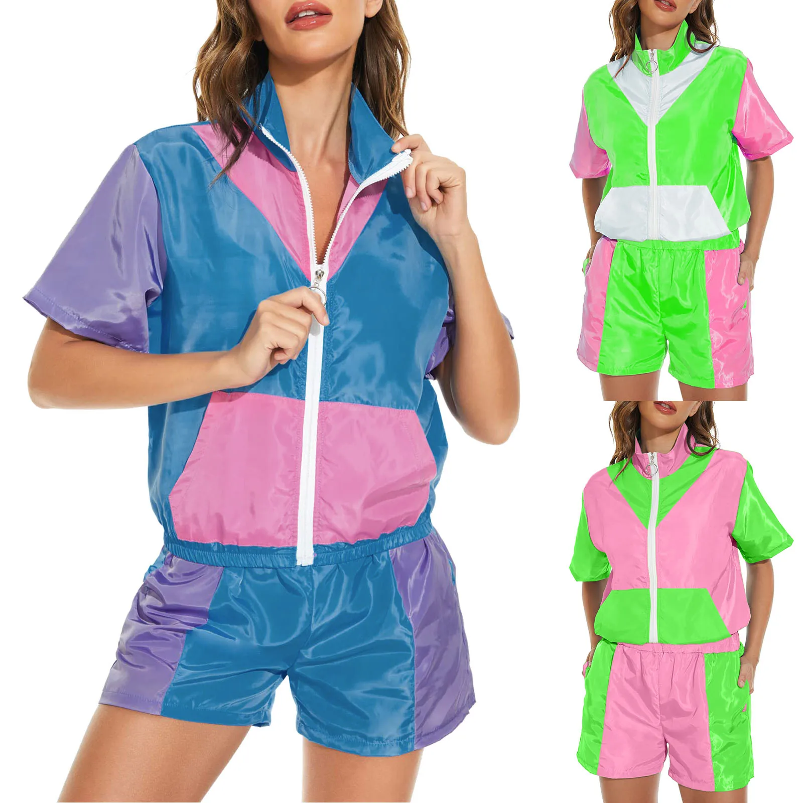 Carnival Retro Hip Hop Windbreaker Disco Outfits Set Women And Man Short Sleeved Zippered Jacket And Casual Shorts Costume