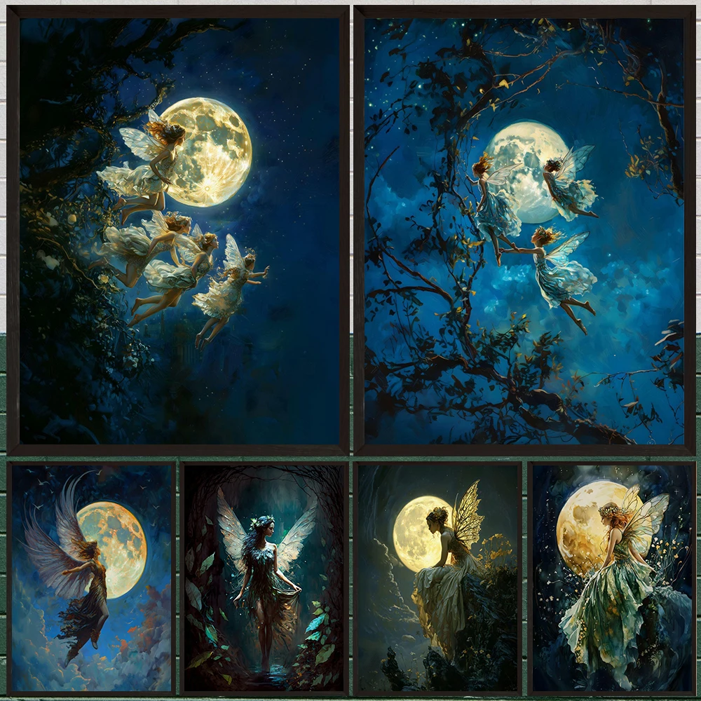 

Fairy And Full Moon,Whimsical Wall Art Canvas Painting,Fae Witchy Moody Home Decor,Woodland Fairies Art Poster Print Unframed