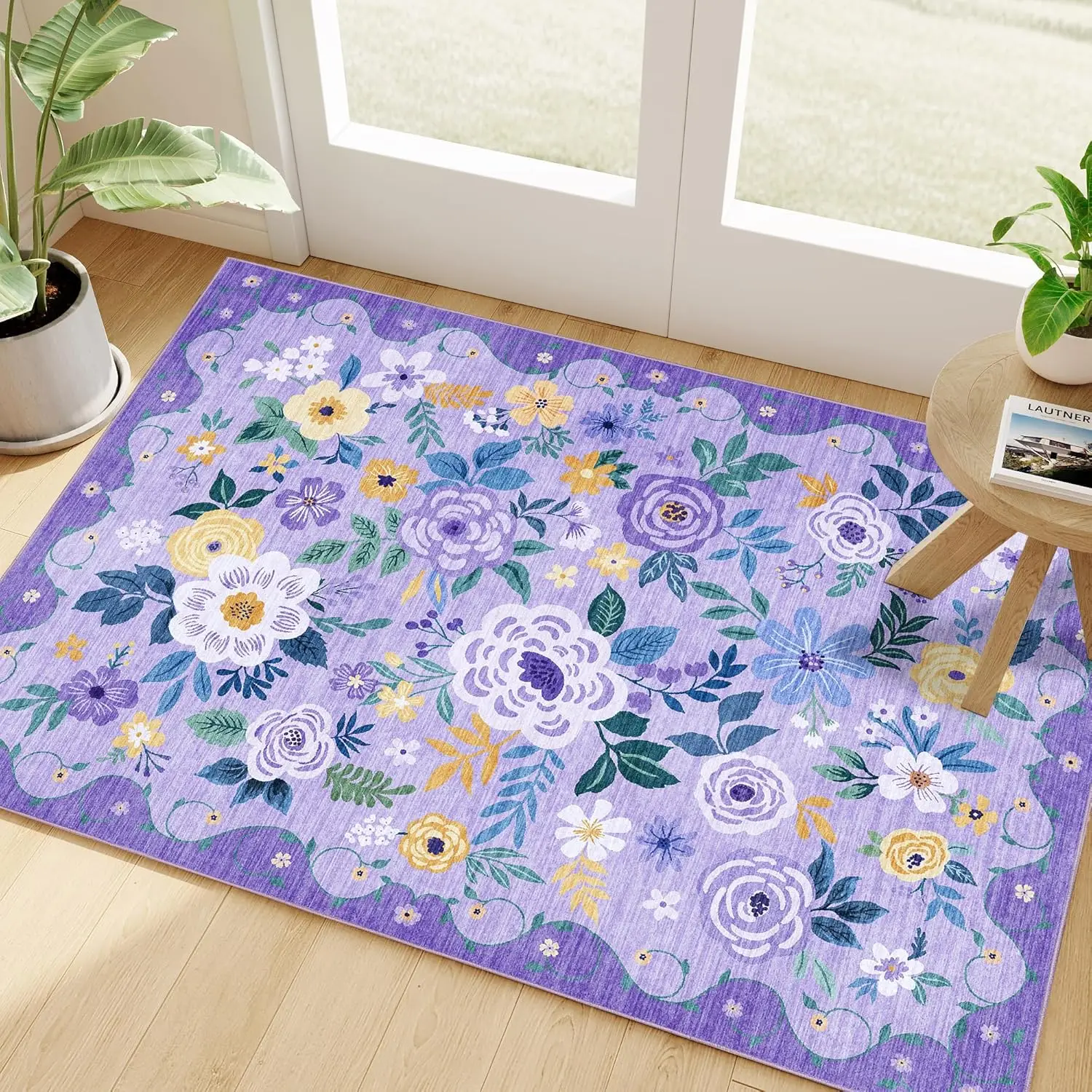

Floral Boho Rug Purple for Living Room Low Pile Throw Rugs Crystal Velvet Washable Non Slip Modern Large Area Carpet for Bedroom