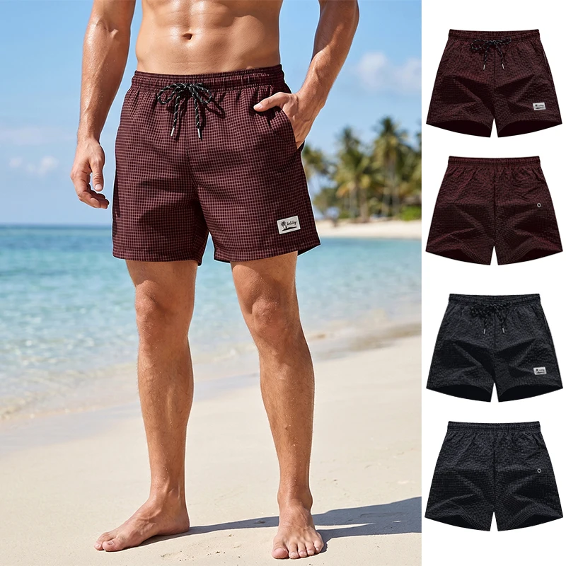 Men's Plaid Beach Shorts with Mesh Lining Summer Casual Board Shorts with Pockets Quick Dry Swim Trunks Bathing Suit Beachwear