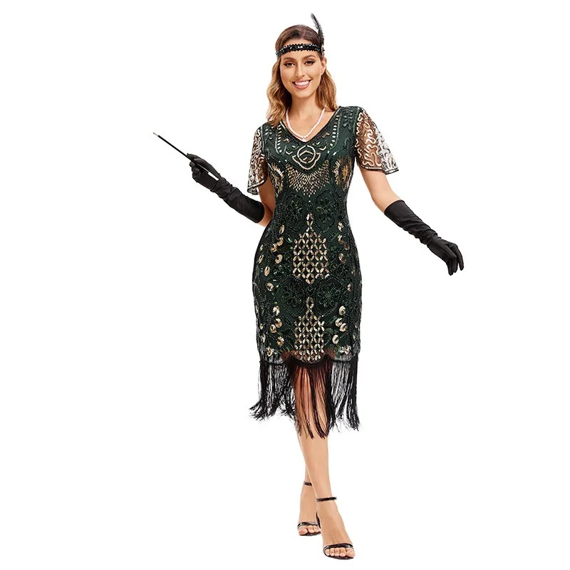 Retro 920s Women's Dr Glitter Performance Gown Mid-Length High-Waisted Polyester Fabric Zipper Sle Faionable Spring C...