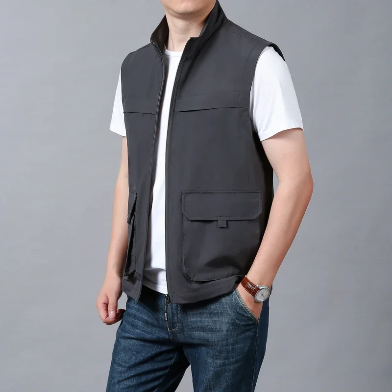 Sleeveless Jacket Vests Man Motorcyclist Vest Windbreaker Work Multi Pocket Zip Camping Fishing Leather Men Hunting Working Coat