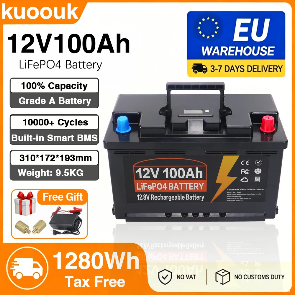 Batteria Lifepo4 12V 100Ah 150Ah 200Ah 350Ah con BMS integrato, celle al litio ferro fosfato di grado A, 10.000 cicli di vita, per camper, solare, campeggio, disponibile in magazzino UE