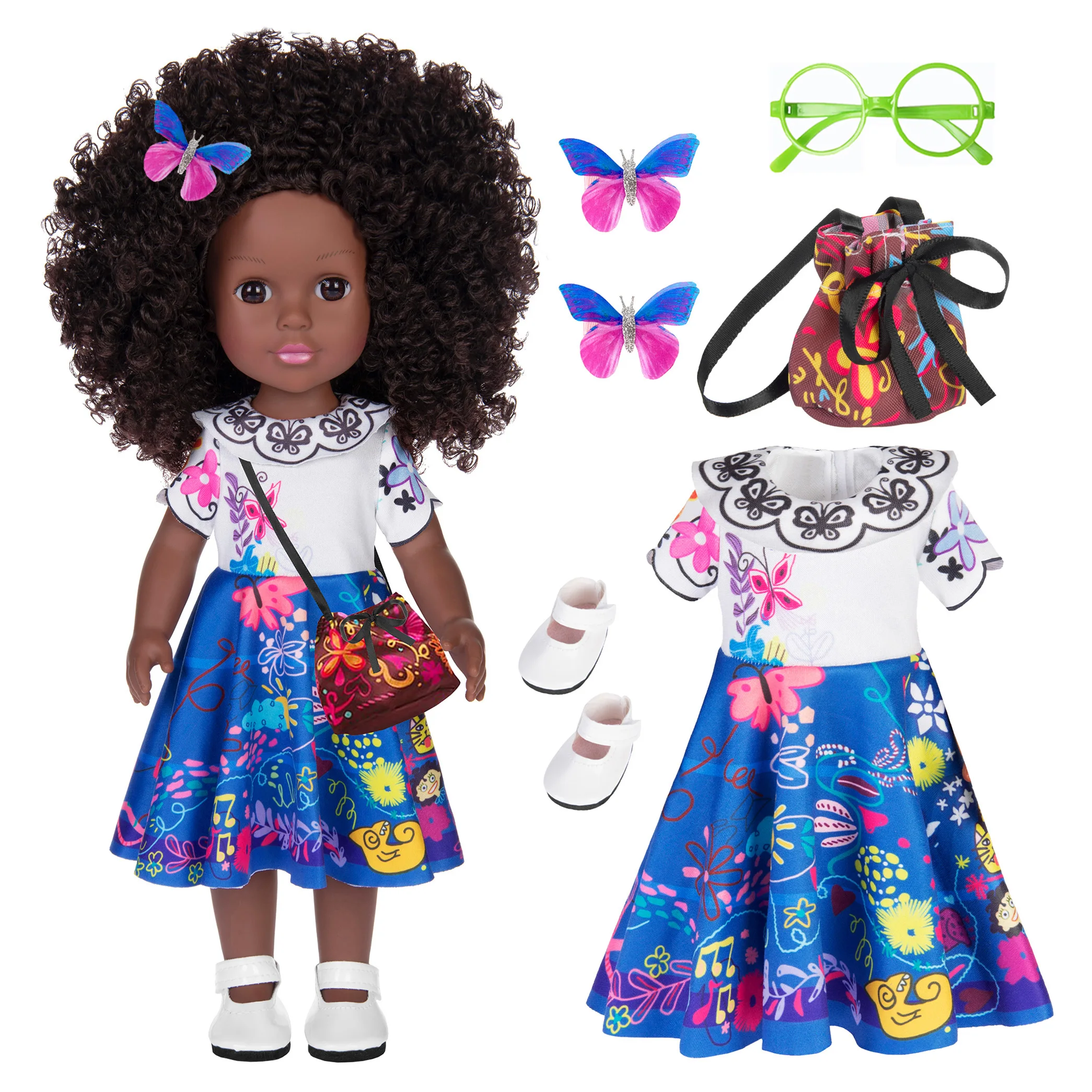 

14.5 inch Magic Mira-bel Costume Black Doll with Doll Clothes Princess Dress and Accessories Like Bag Glasses Shoes and Hair-pin