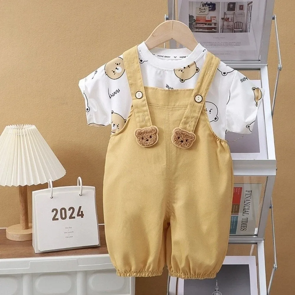 Cute Cartoon Bear Children Pants Sets Tracksuit Short Sleeve Shorts Suits Suspender Shorts Children