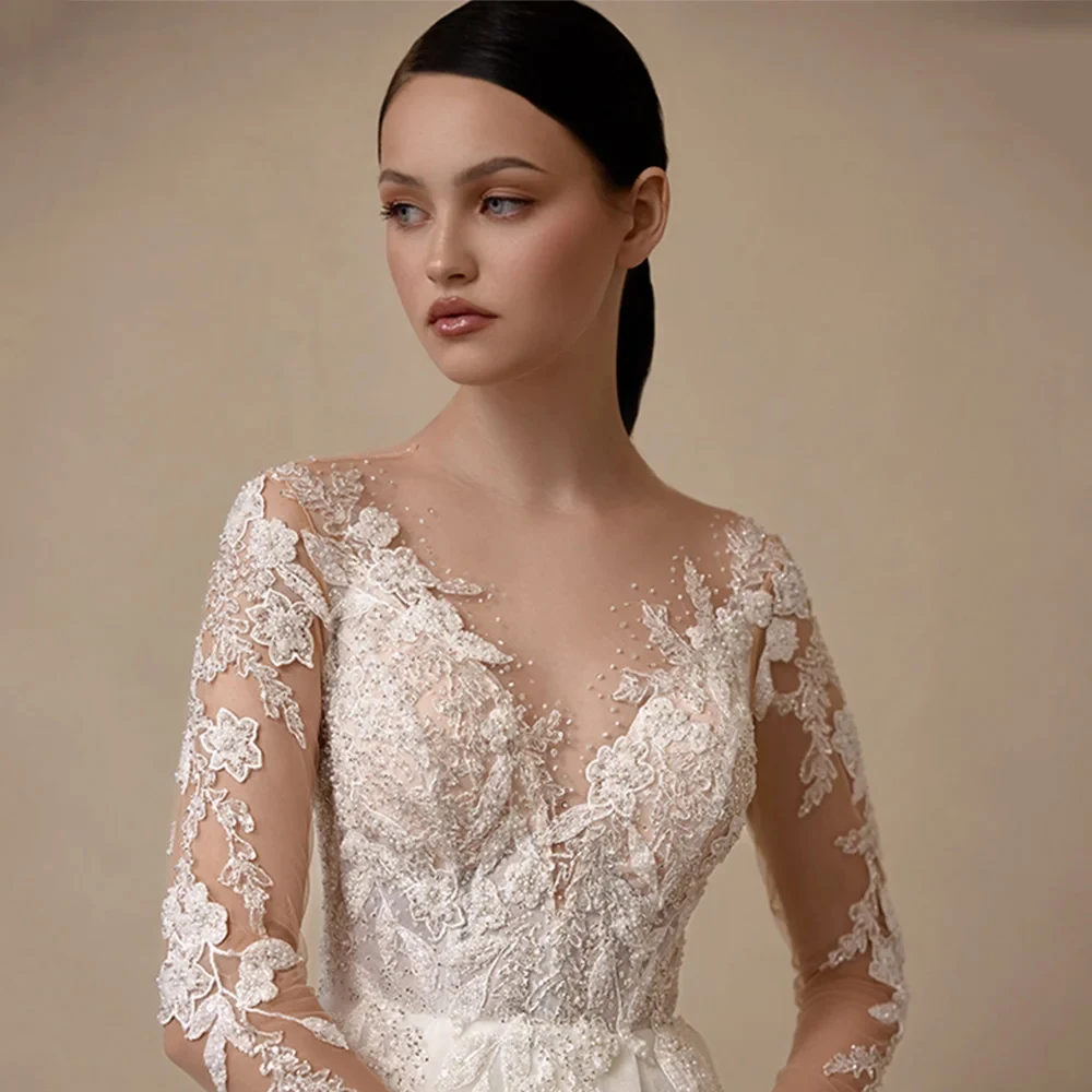 

Modern V Neck Wedding Dresses Soft Tulle Bridal Gowns Court Train Full Sleeve New Vestido De Novia Exquisite New Robe De Summer