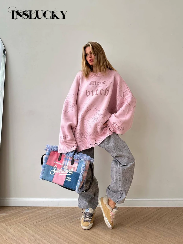 InsLucky-maglione oversize con stampa di lettere da donna, orlo scavato, dolcevita allentato, Pullover con pannelli, Streetwear Punk Casual, autunno