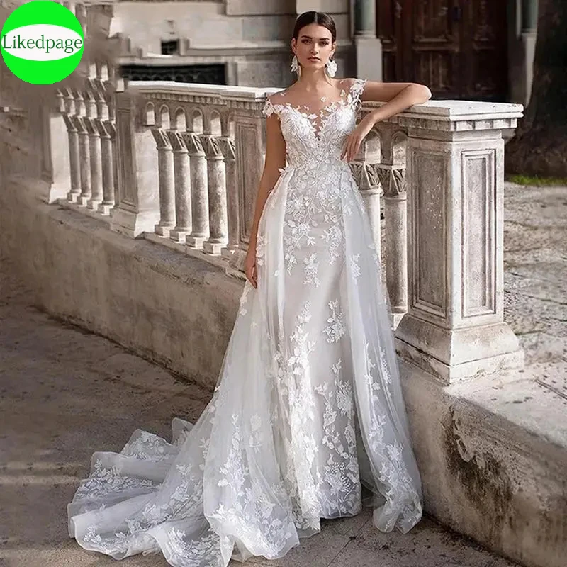 Vestido de noiva com mangas curtas Apliques de renda vestido de noiva sereia, trem destacável sobre saia, vestidos de casamento 2024