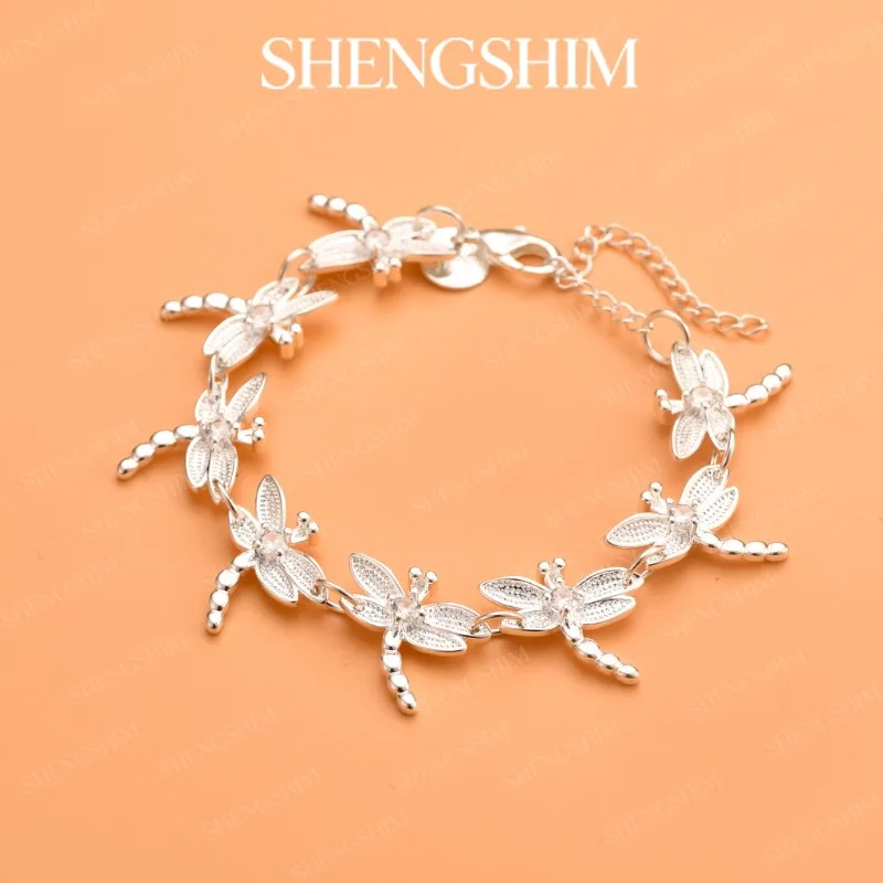 SHENGSHIM 925 Sterling Silver Dragonfly Design Stringed Silver Bracelet Bangle For Women Fashion Jewelry Engagement Party Gift