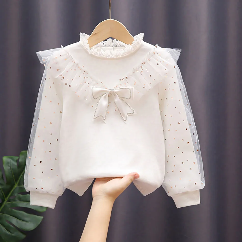 Chic and Comfortable Girls White Bow-Knot Blouse with Bubble Sleeves and Lace Kids 2024 Spring Autumn Collection Long Sleeve Top