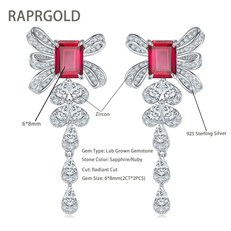 RAPRGOLD 925 Sterling Silver Kowknot Stud Earrings for Women Grown Ruby Sapphire Piercing Hanging Earring Wedding Luxury Jewelry