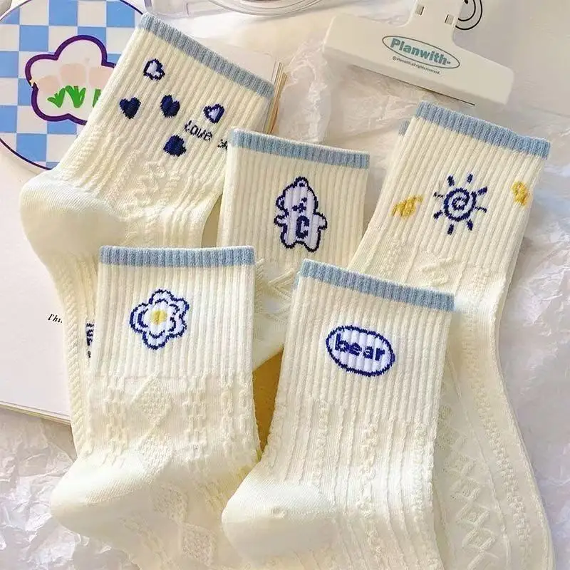 5 Pairs Women's Mid Calf Socks Polyester Jacquard Bear Love Heart Sun Blue Ribbed Crew Socks Cream White Cute Knit Socks view 2