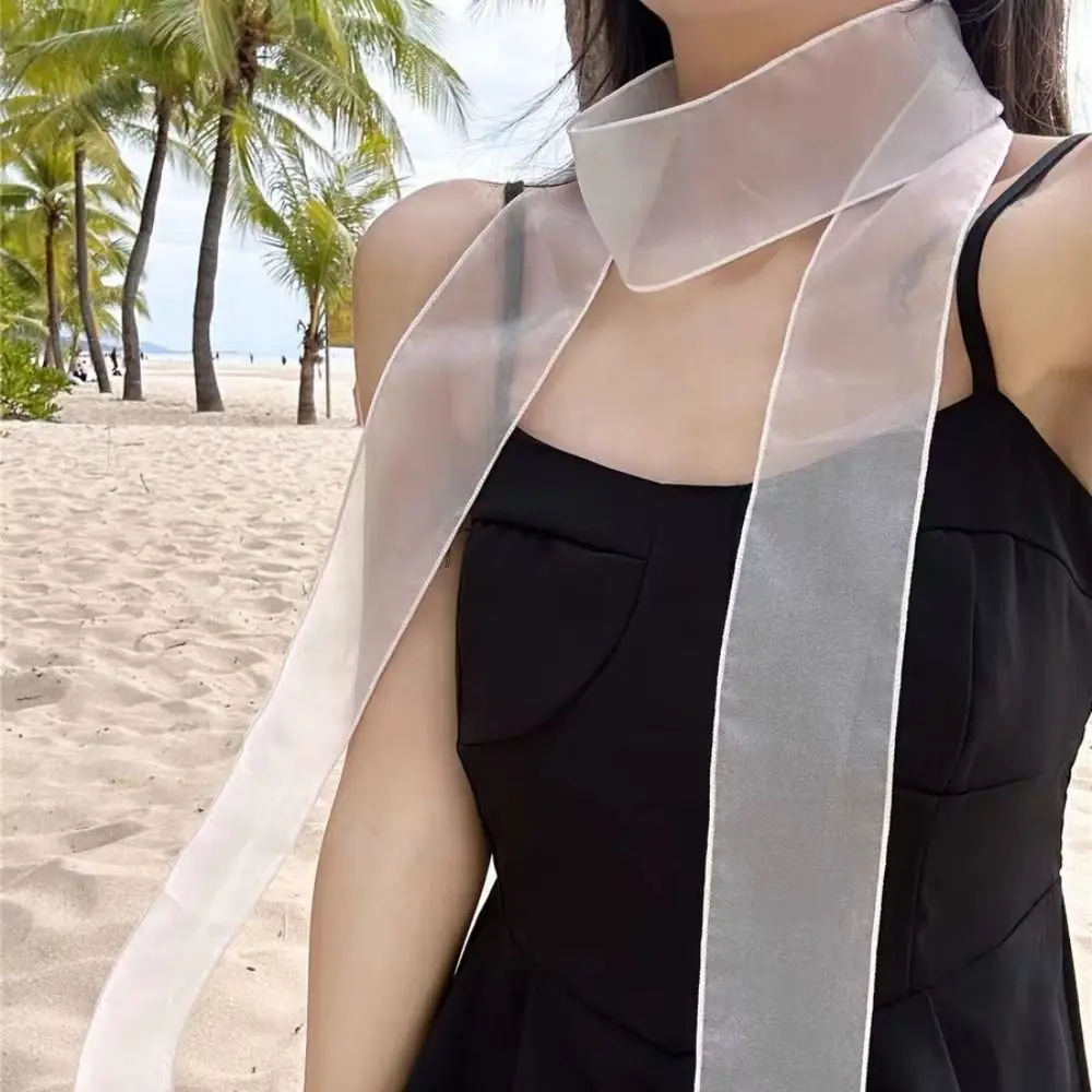 Elegant Silk Material Silk Scarf Pearl Shiny Korean Style Belt Thin Decorative Scarf Spring Summer