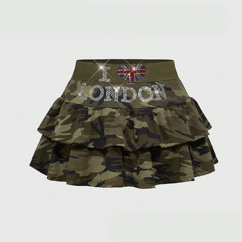 Summer Harajuku American Sexy Spice Girl Cascade Cake Skirt Fashion Casual High Waist Skirt Camouflage Letters Rhinestone Skirt