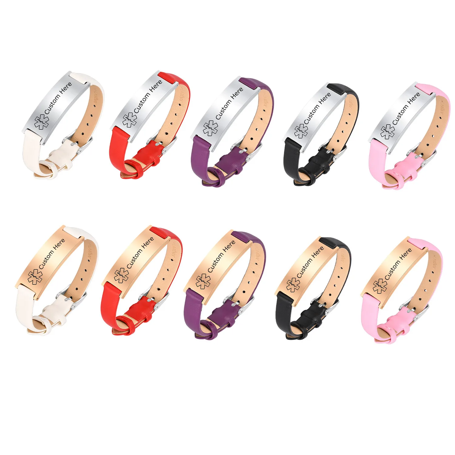 Emergency Medical Alert ID Bracelet for Women, Genuine Leather Free Engraving Bracelets, Sport Customizable Diabetic Jewelry