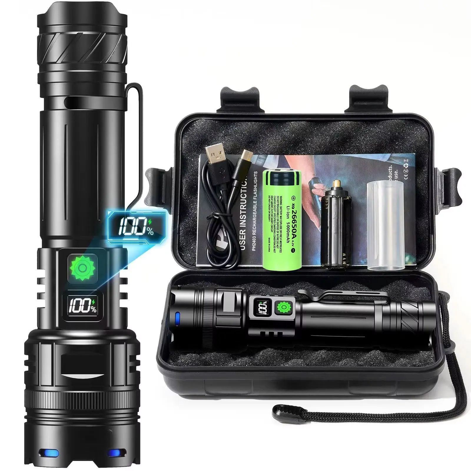 

Светодиодный фонарик высокой мощности, перезаряжаемый через USB, мощный фонарь с ярким светом, портативный тактический фонарик с держателем для ручки для кемпинга на открытом воздухе