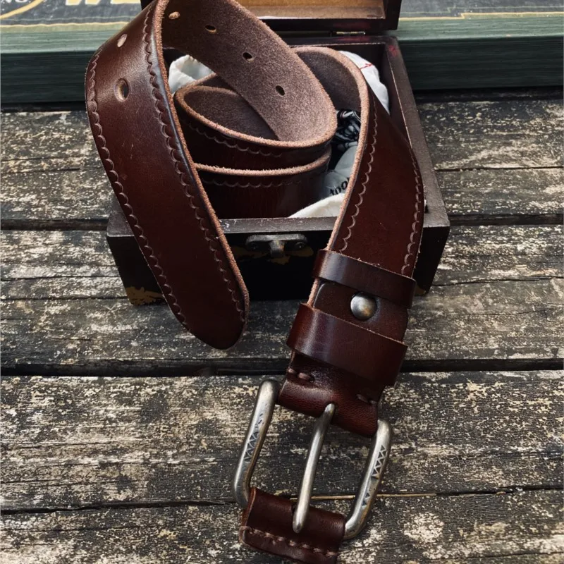 American Retro First Layer Amekaji High Quality Genuine Real Leather Handmade Belt Square Men's
