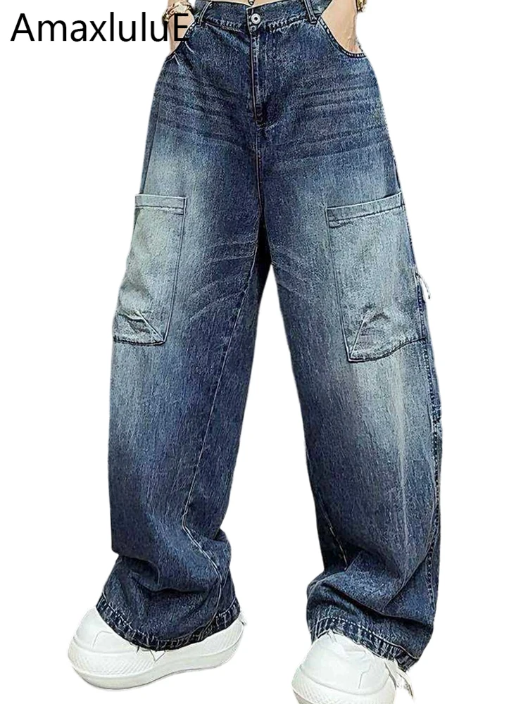 

Amax LuluE 2026 Spring Ladies Vintage Denim Pants Womens Loose Casual Classic Jeans Fashion Solid Pockets Elastic Waist Trousers