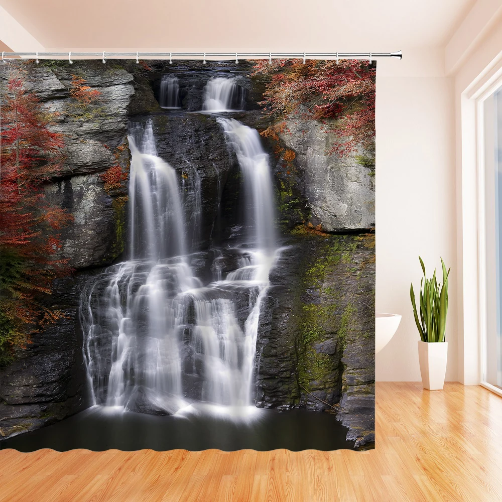 

Mountain Water Waterfall Landscape Shower Curtains Sunlight Green Plants Trees Forest Scenery Bathroom Curtain