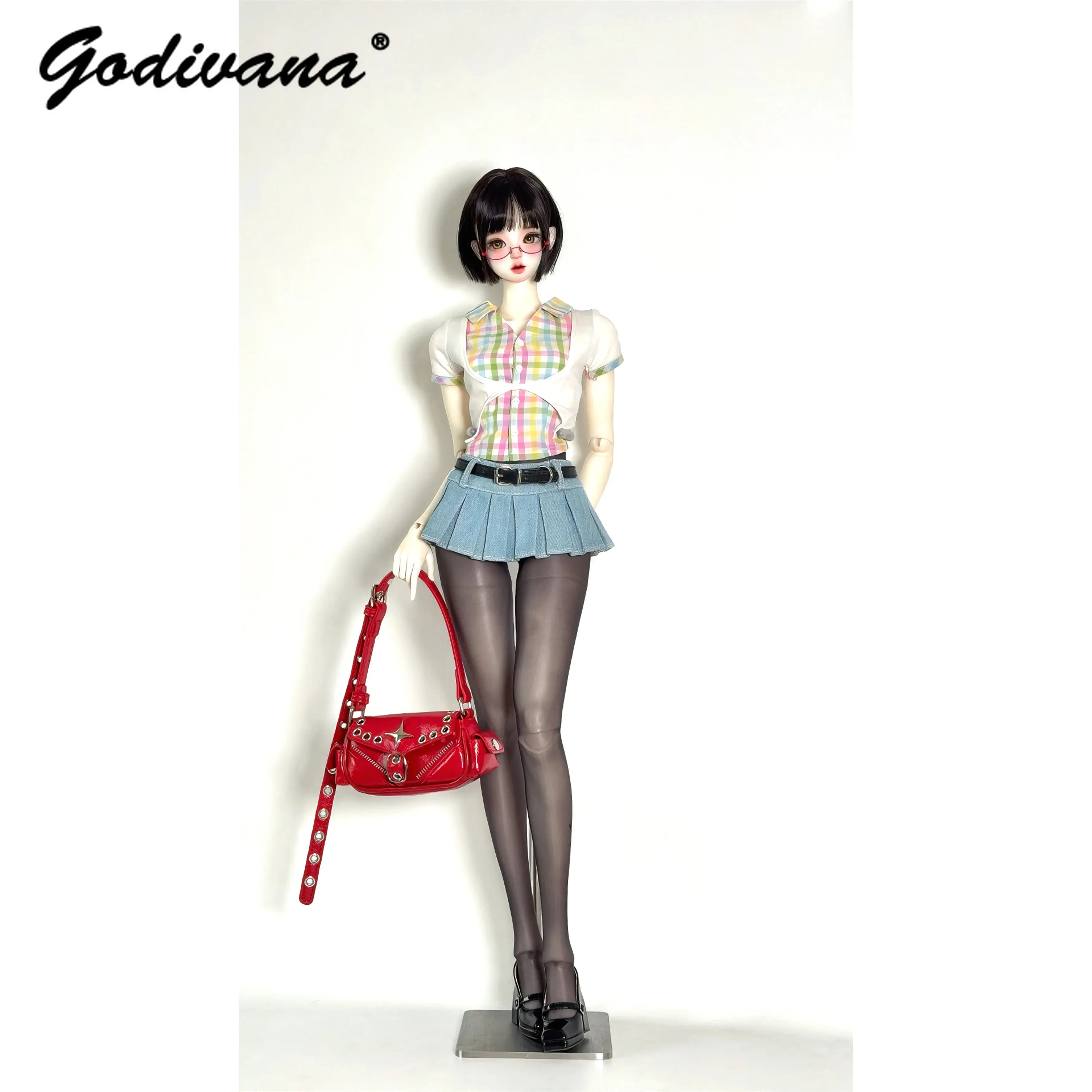 1/3 BJD Doll Preppy Style Outfit Retro College Look Multiple‑styles Satin Polka‑dot Plaid Dress Skirt Set for 1/3 BJD Clothes - view 5