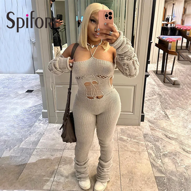 

Spifore Autumn Crochet Knit Women Jumpsuits Winter Long Sleeve Backless Hole Chic Rompers Fashion Streetwear Sweaters Overalls